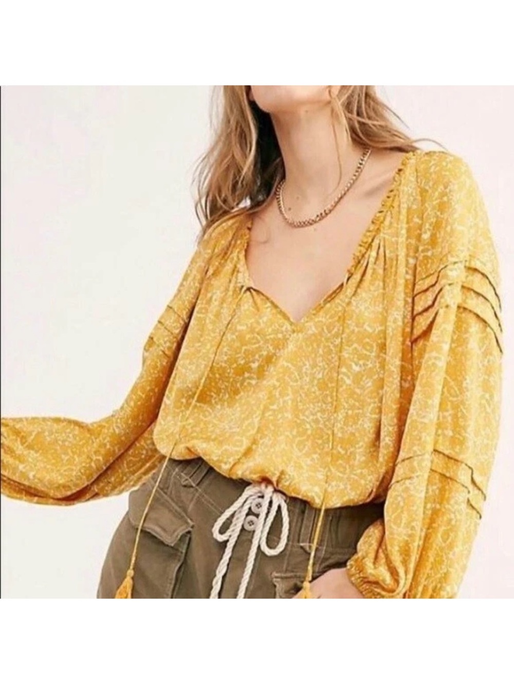 Free People Intimately All Tucks Yellow Boho Peasant Top Body Suit Size Medium